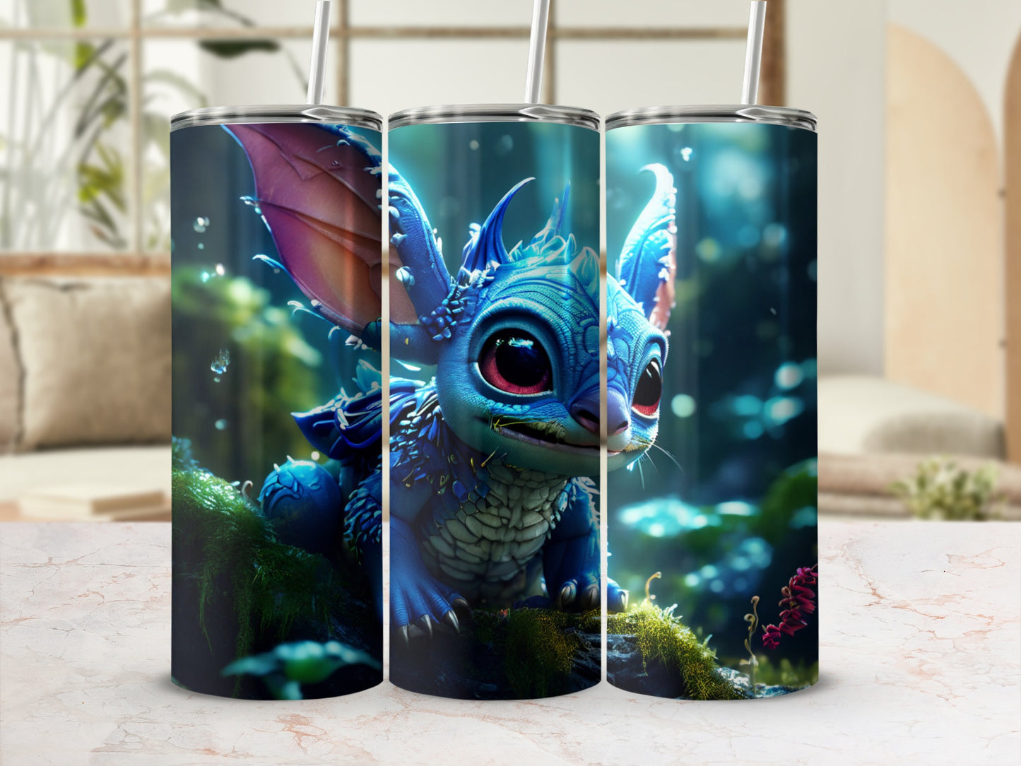 Blue dragon creature with big eyes on a mossy branch, with straws.