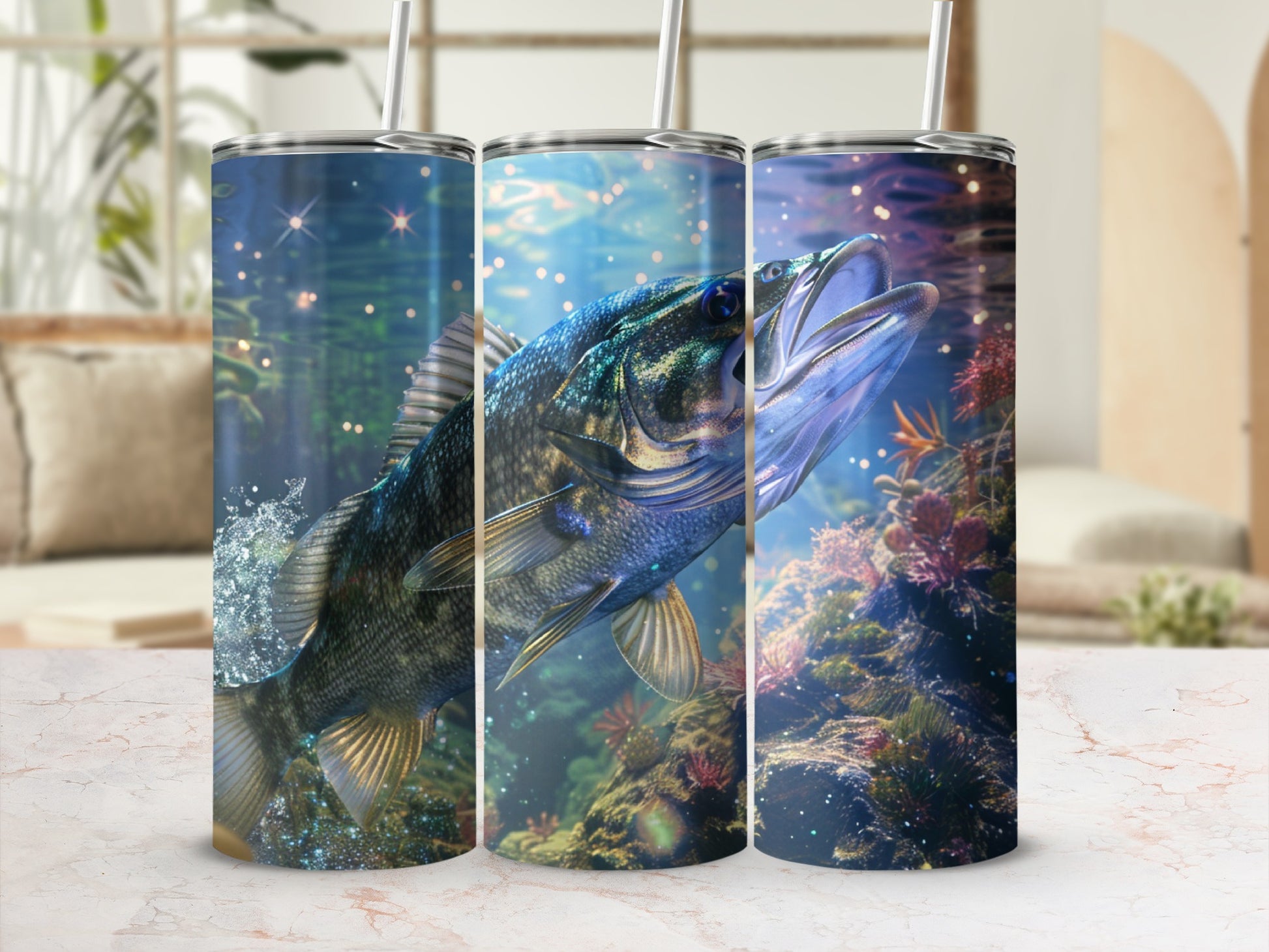 Trout jumping out of water with coral and bubbles, on a tumbler.