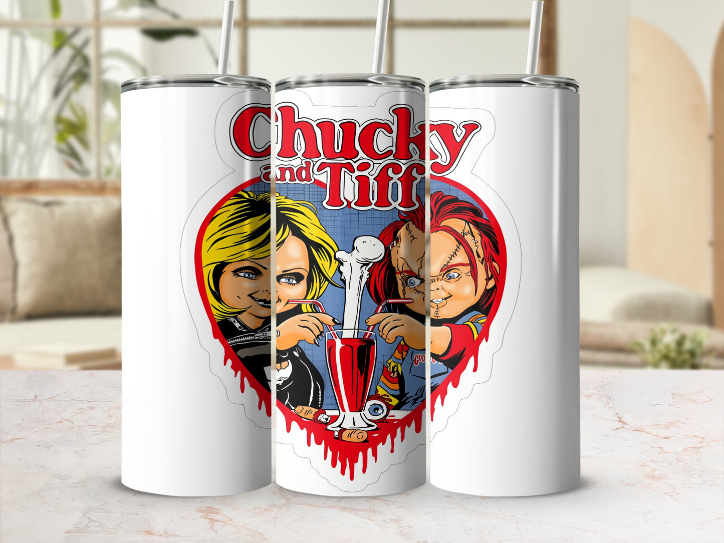 Chucky and Tiffany tumbler with milkshake and blood heart design.