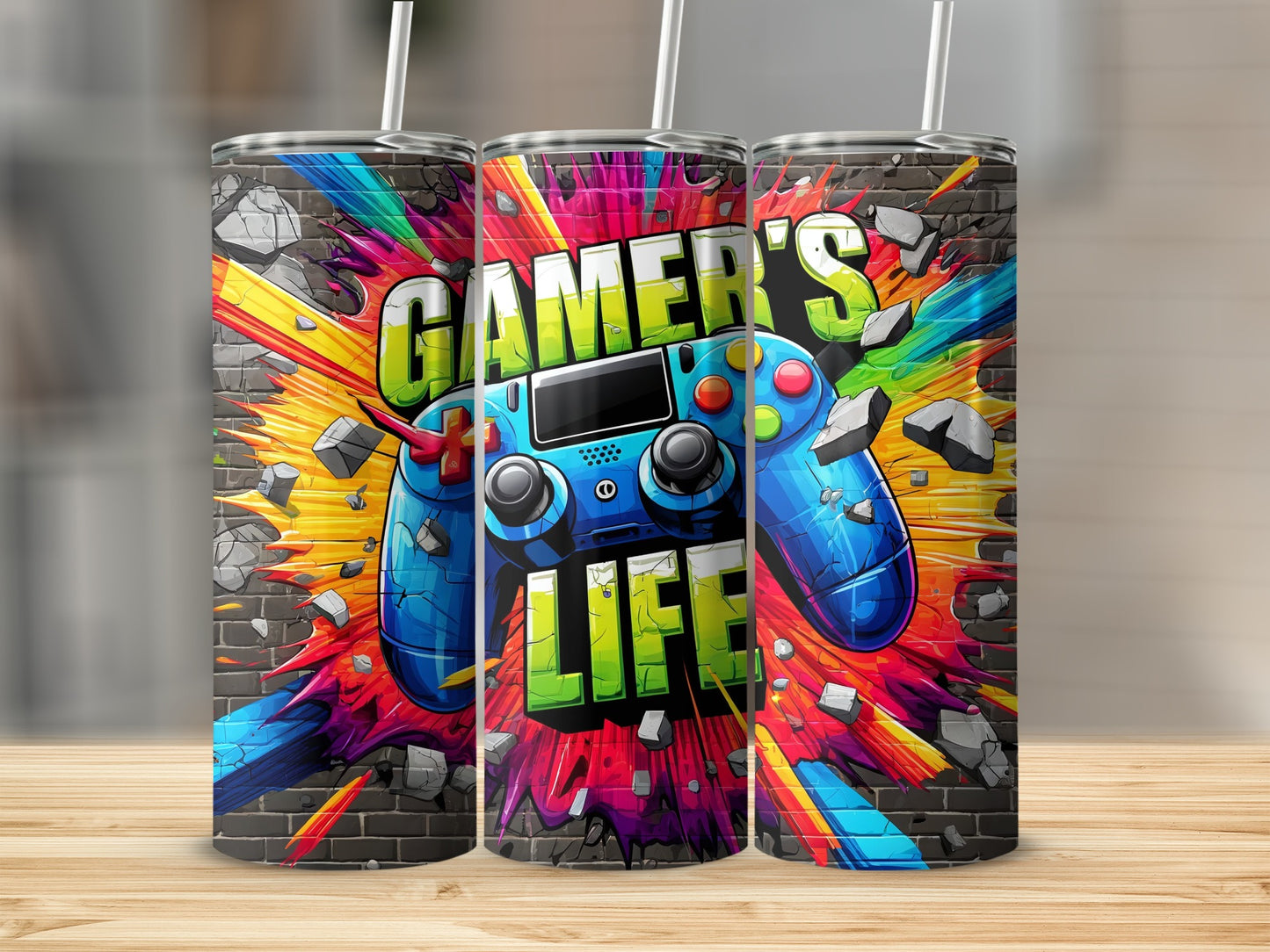 Gamer's Life text over a blue controller and brick wall explosion.