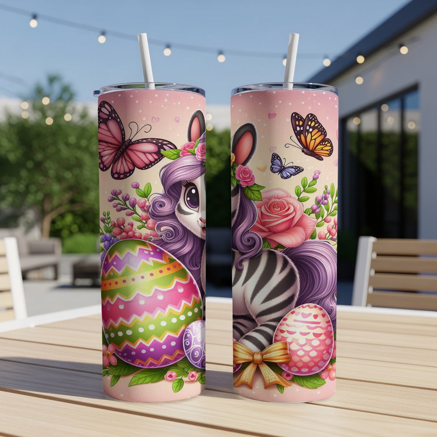 Easter-themed tumbler with a unicorn-zebra hybrid and decorated eggs.