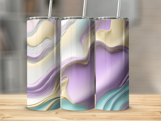Three tumblers with marbled abstract pastel designs, each with a straw.