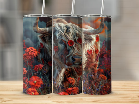 Highland cow with red flowers, presented on three tumblers.