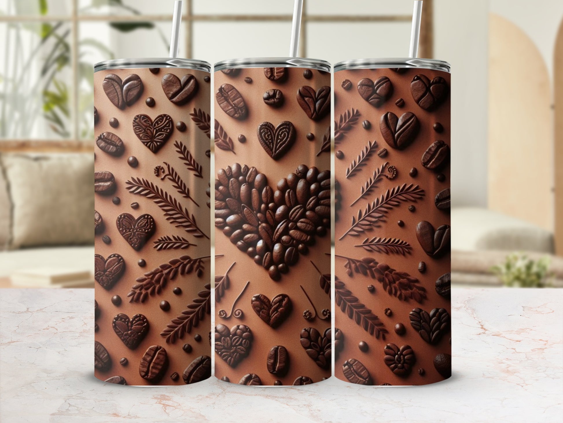 Three brown coffee bean and heart pattern tumblers with straws.