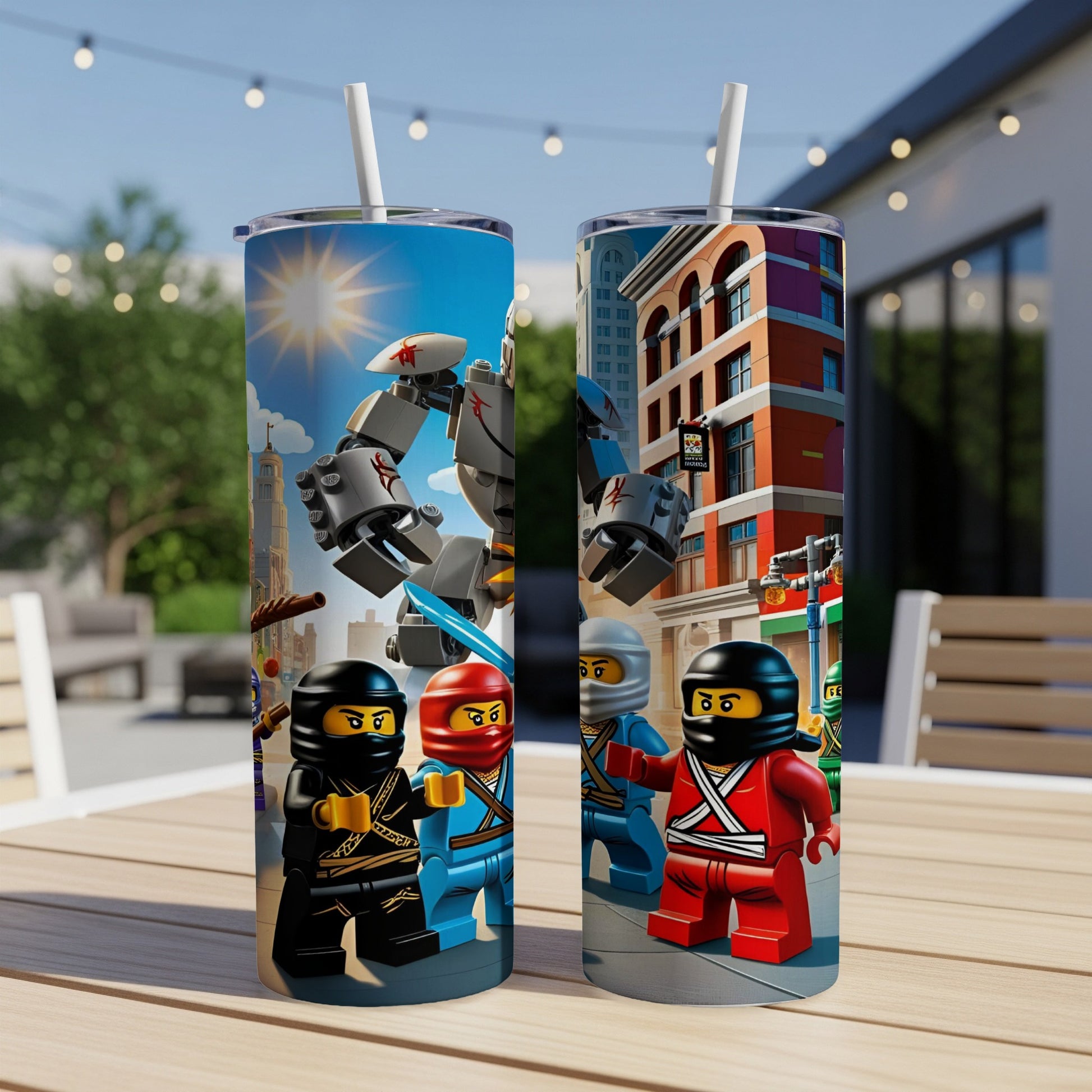 Lego Ninjago characters on a tumbler with a city background.