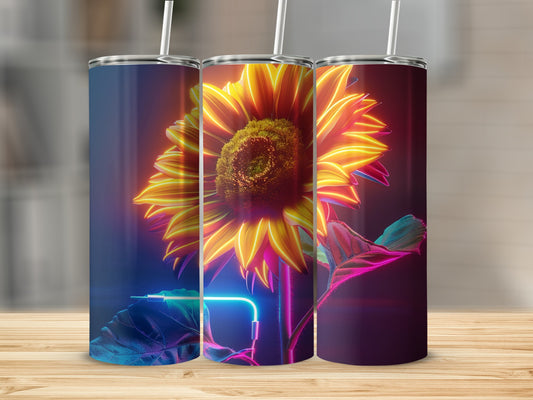 Neon sunflower design on three identical tumblers on a wooden surface.