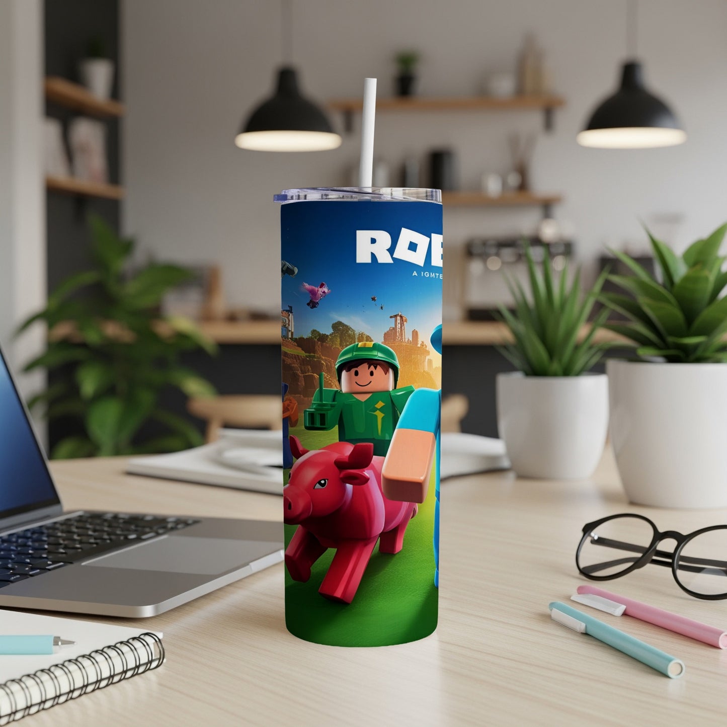 Roblox character with pig on a Roblox themed tumbler.