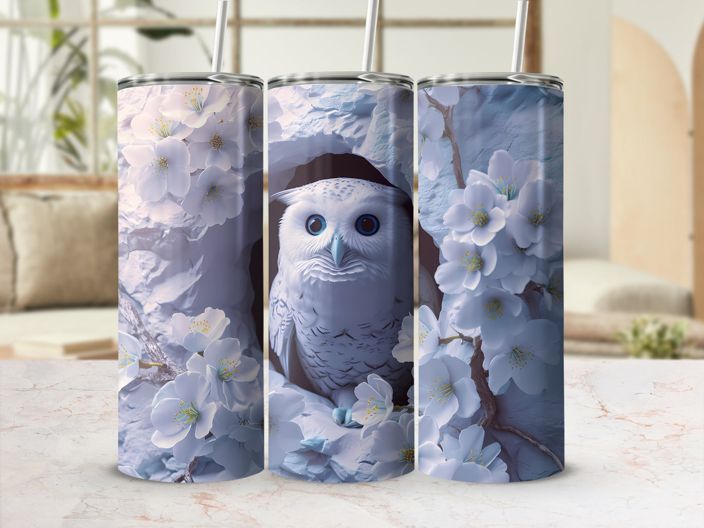 White owl perched inside a hollow tree surrounded by white cherry blossoms.