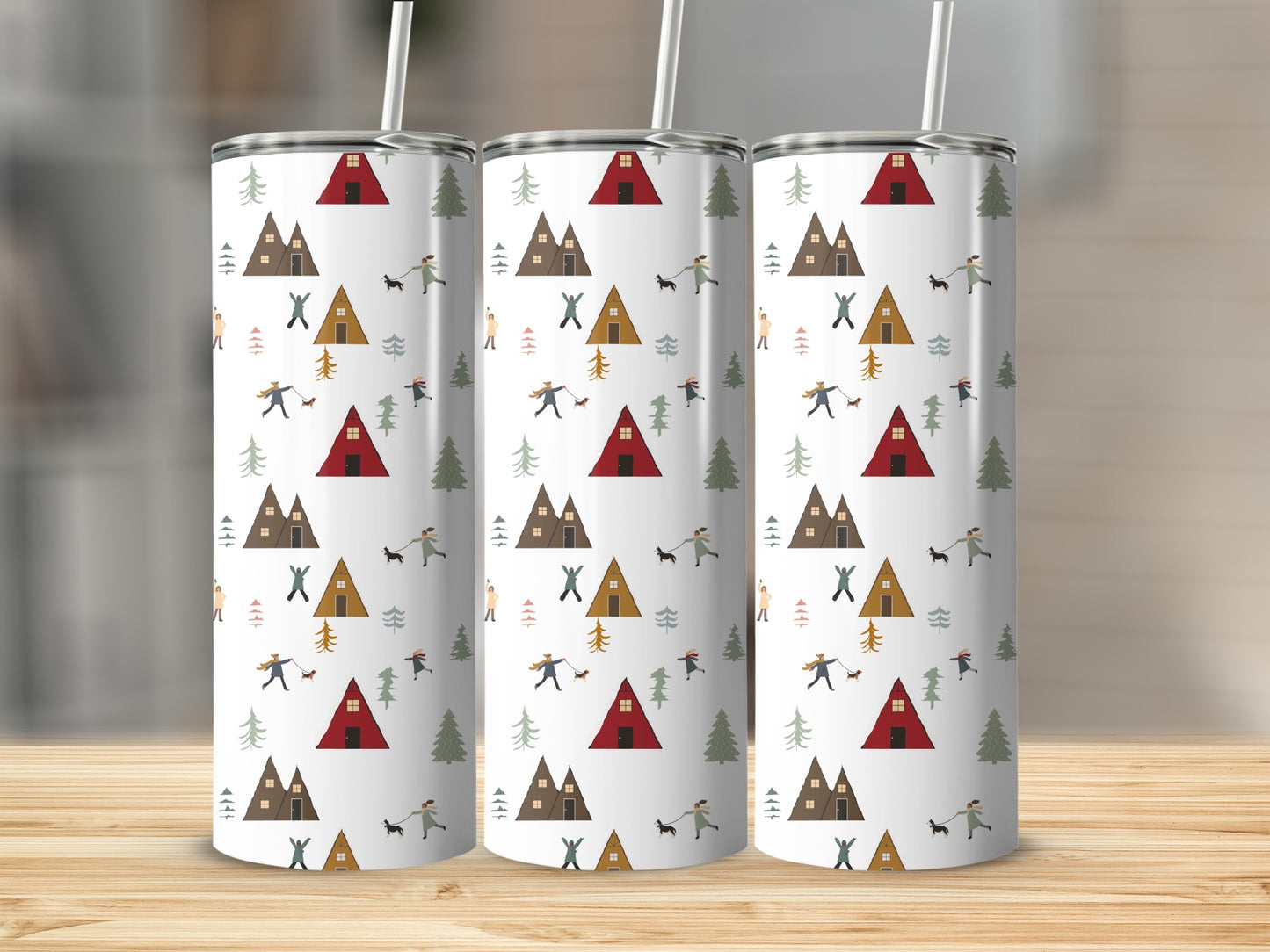 Pattern of trees, tents, and people with dogs on a white tumbler.