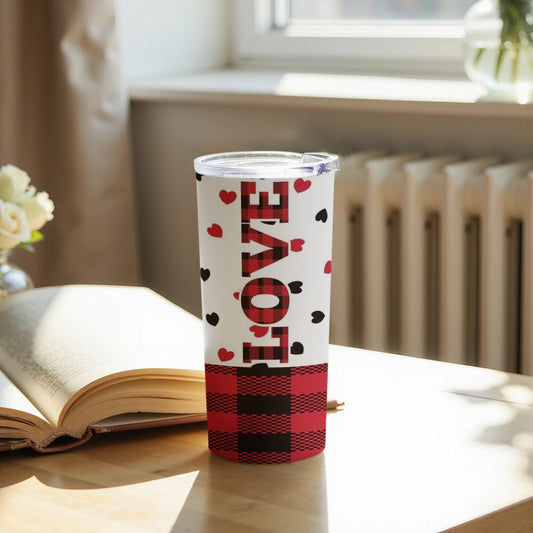Love and Hearts Design Red Plaid Tumbler Cup