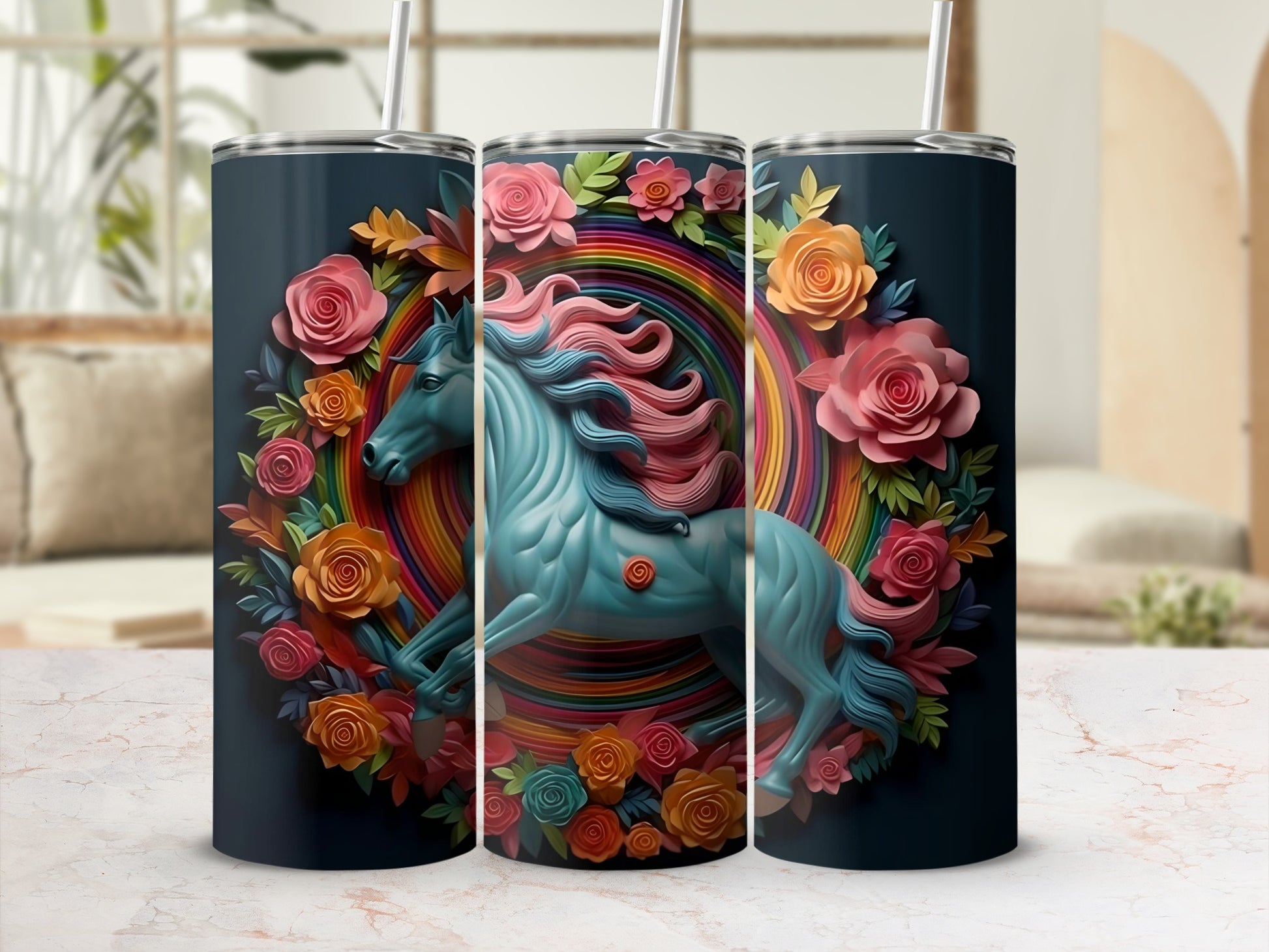 Vibrant Unicorn and Flowers Art Design Tumbler