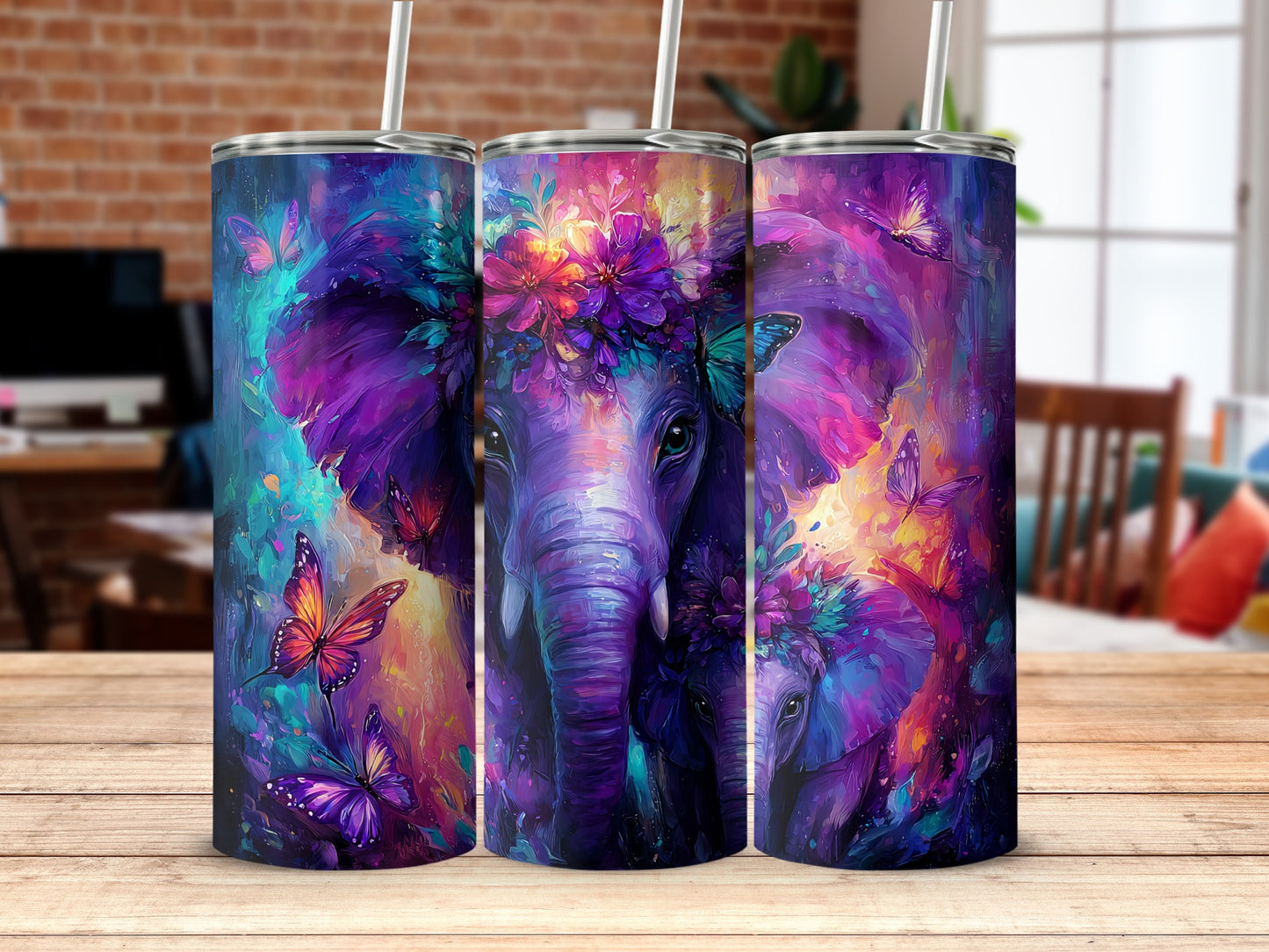 Colorful Elephant Butterfly Art Travel Tumbler