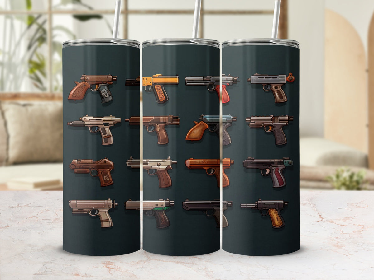 Tumbler with a pattern of various pistol illustrations in multiple rows.