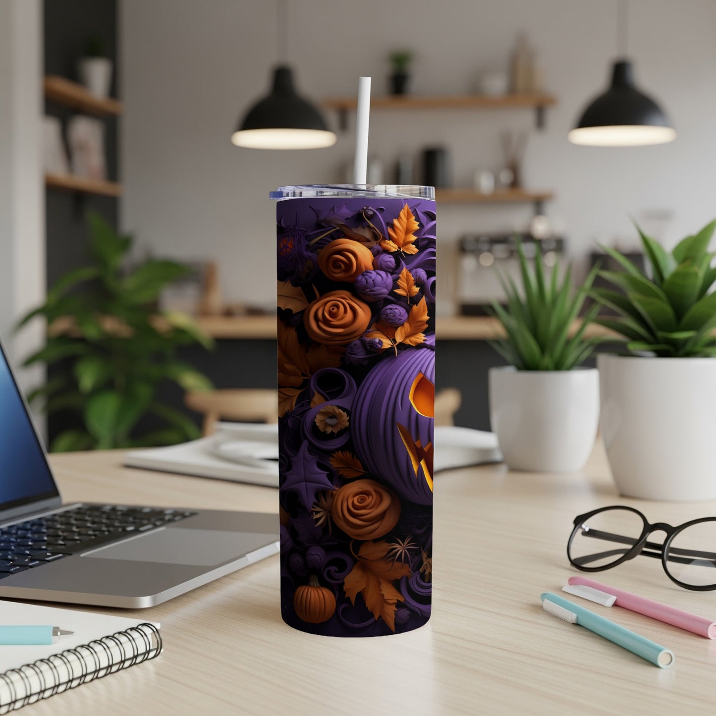 Purple Halloween tumbler with pumpkins, roses, and fall leaves.