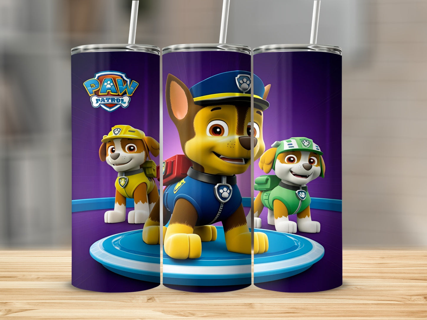 Paw Patrol characters Chase, Marshall, and Rubble on a purple stage.