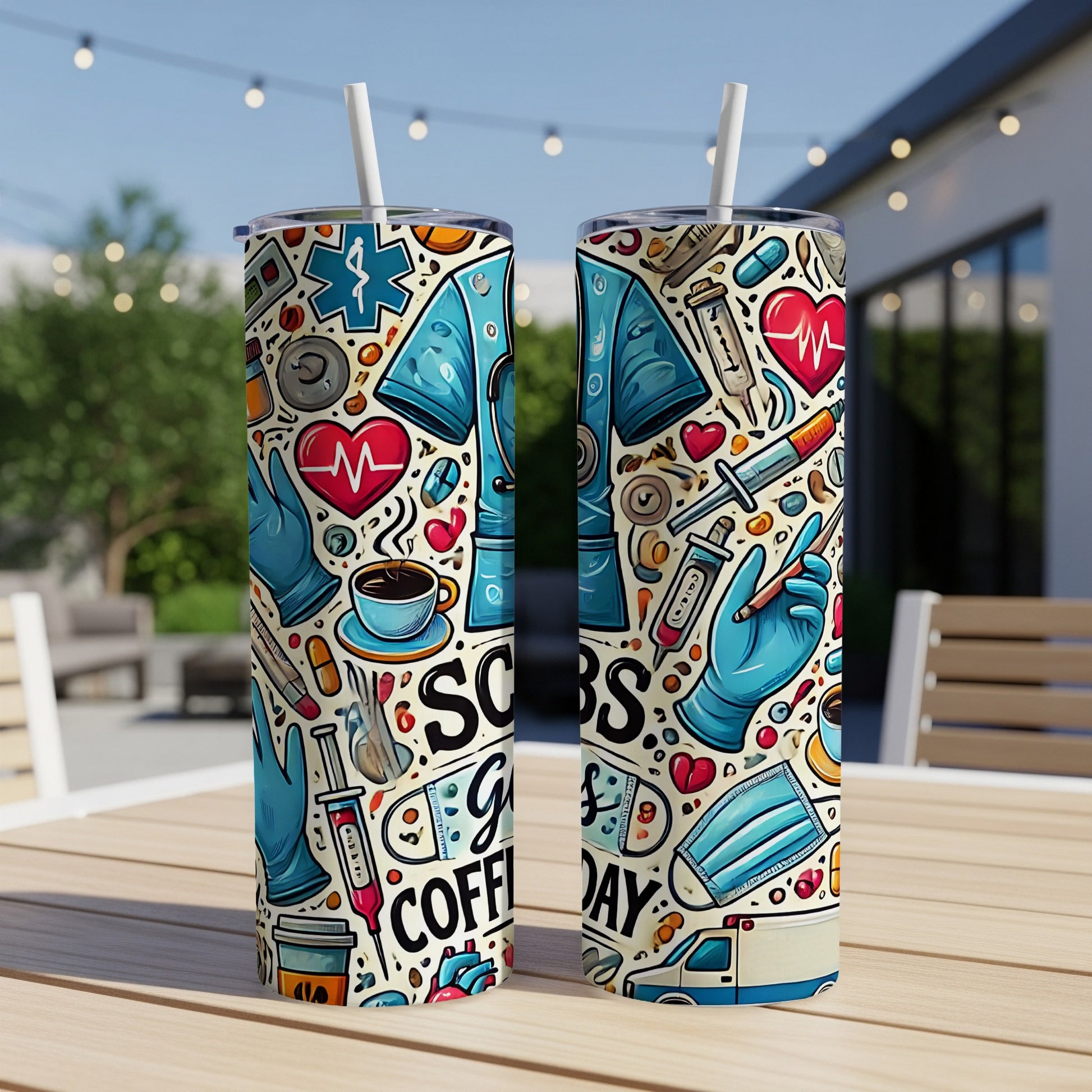Two tumblers with medical icons and "SCISSORS COFFEE DAY" text.