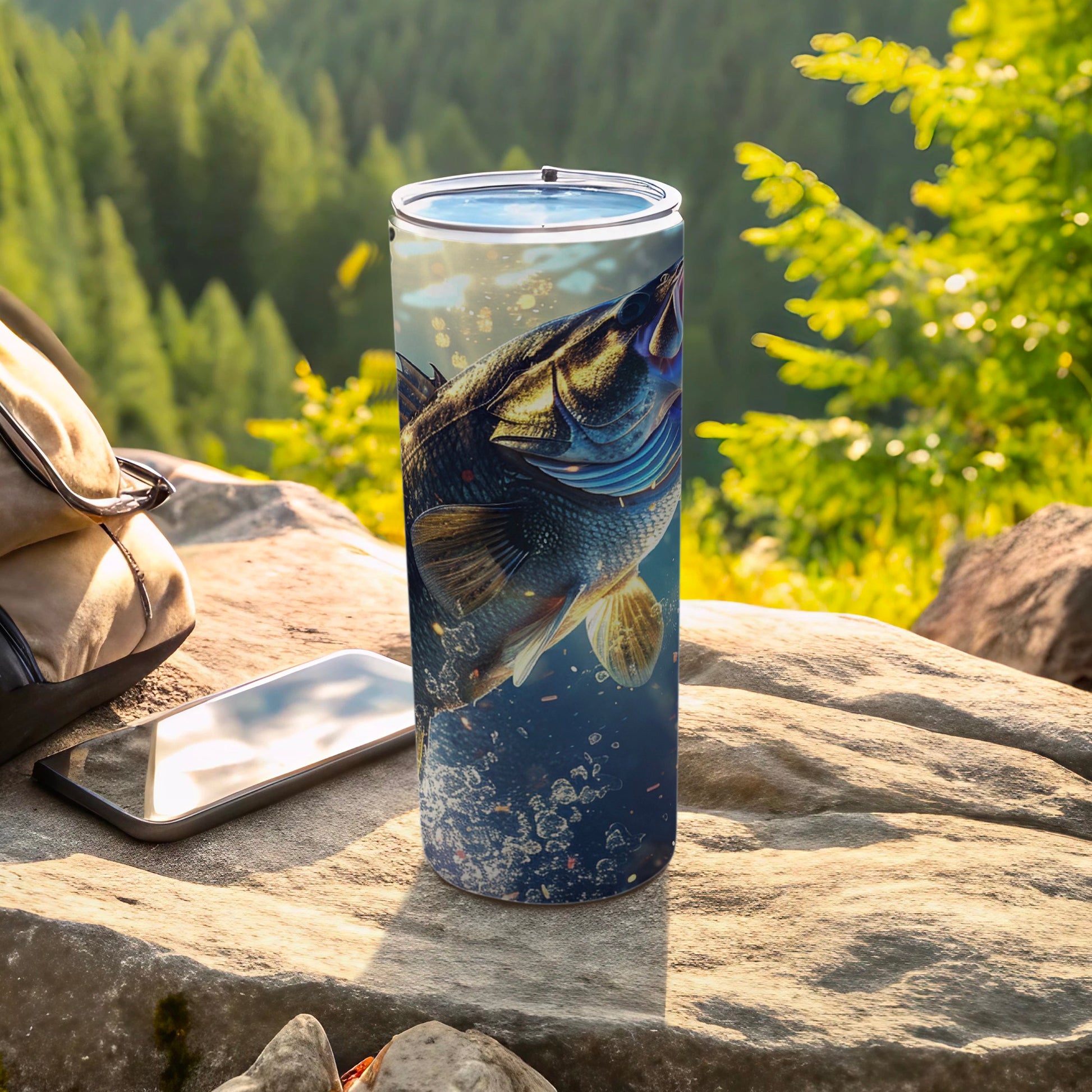 Fishing-themed tumbler with a bass jumping out of water.