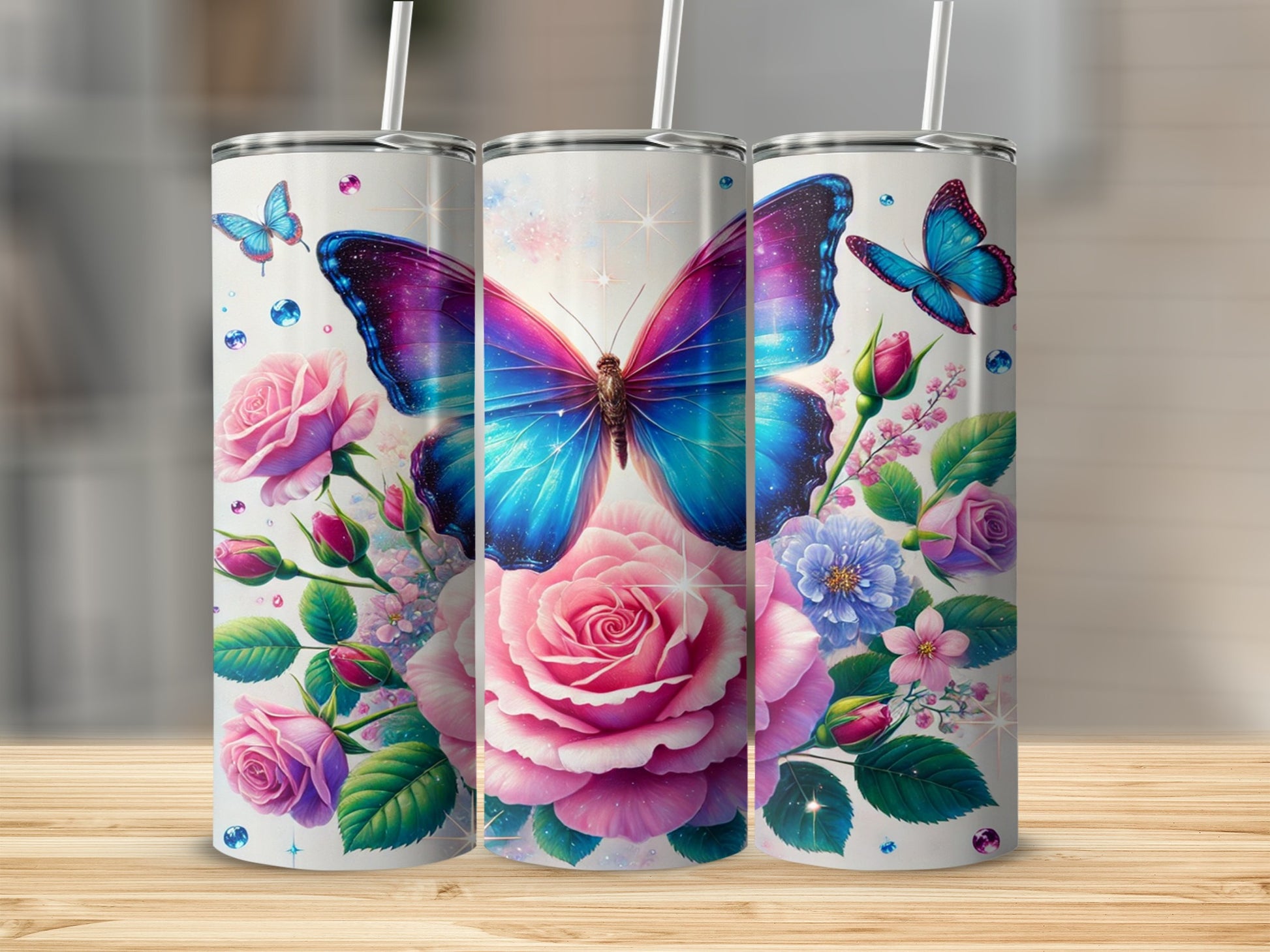 Vibrant Butterfly and Rose Design on Tumbler Cup Product