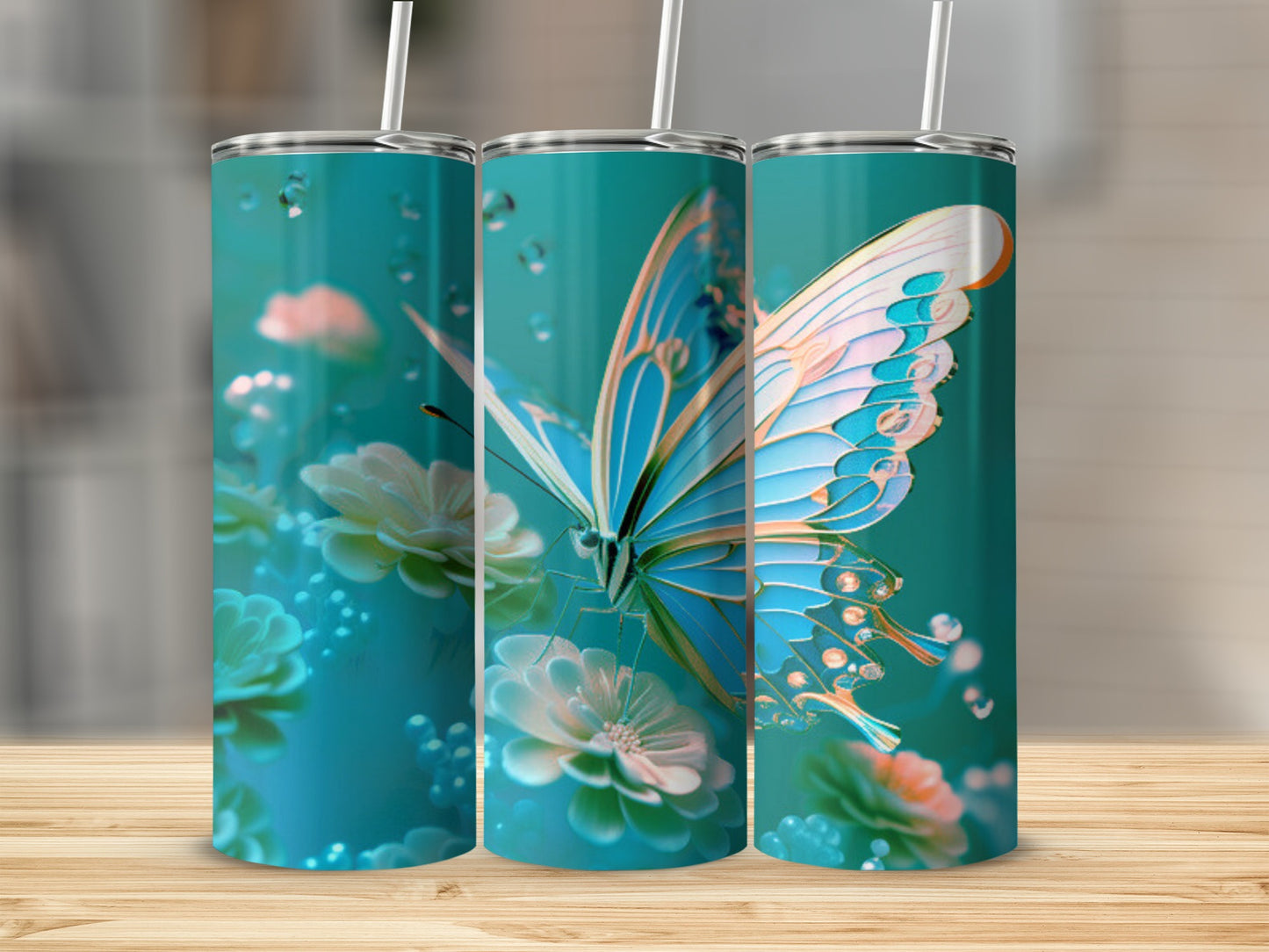 Teal tumbler with a blue butterfly and white flowers.