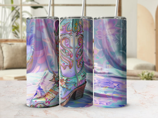 Tall boot with ornate floral and paisley design on colorful iridescent background.