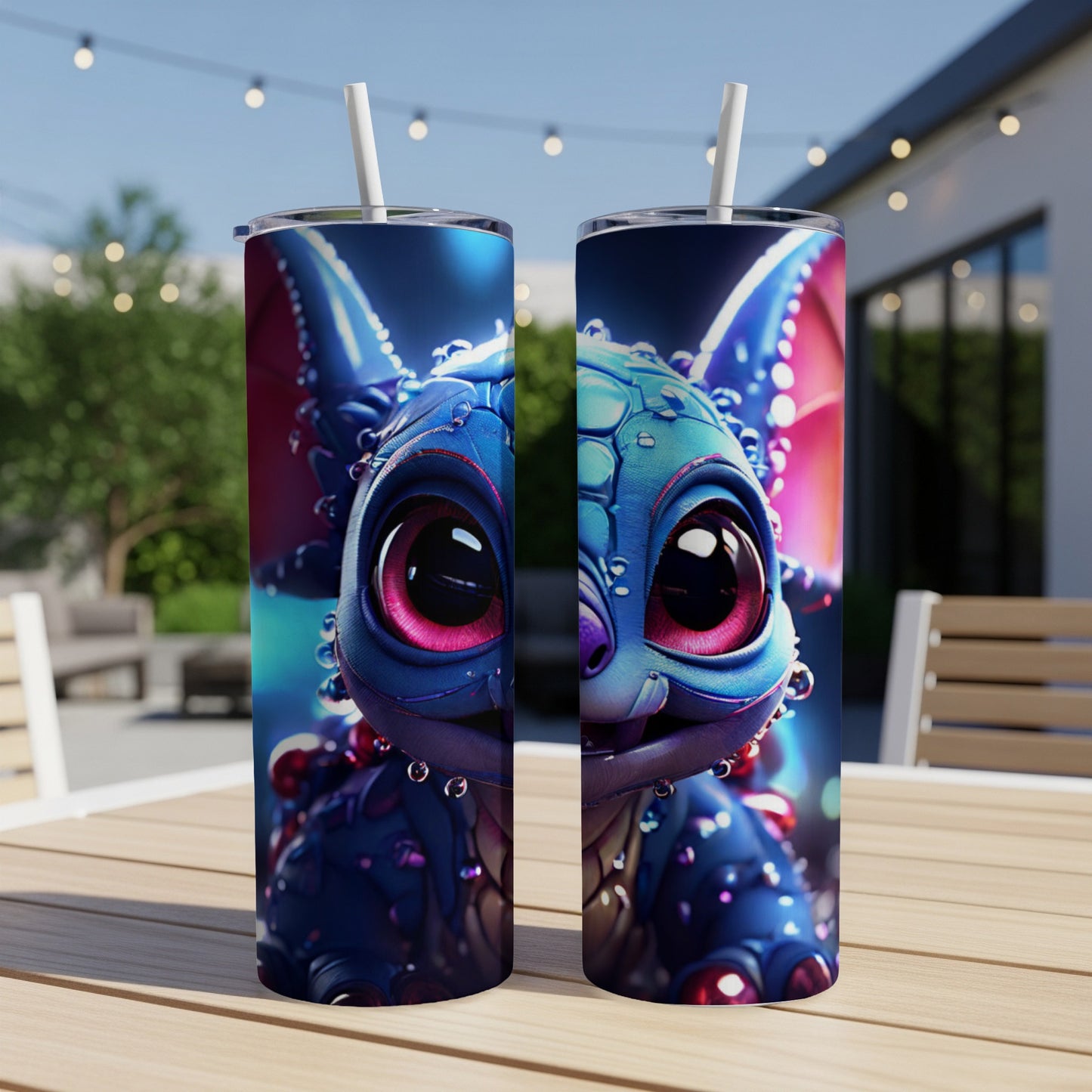 Blue alien creature with large pink eyes on a tumbler.