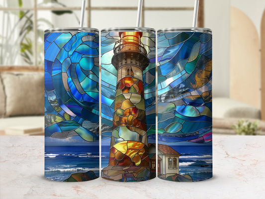 Stained glass lighthouse design on a tumbler with ocean and sky background.