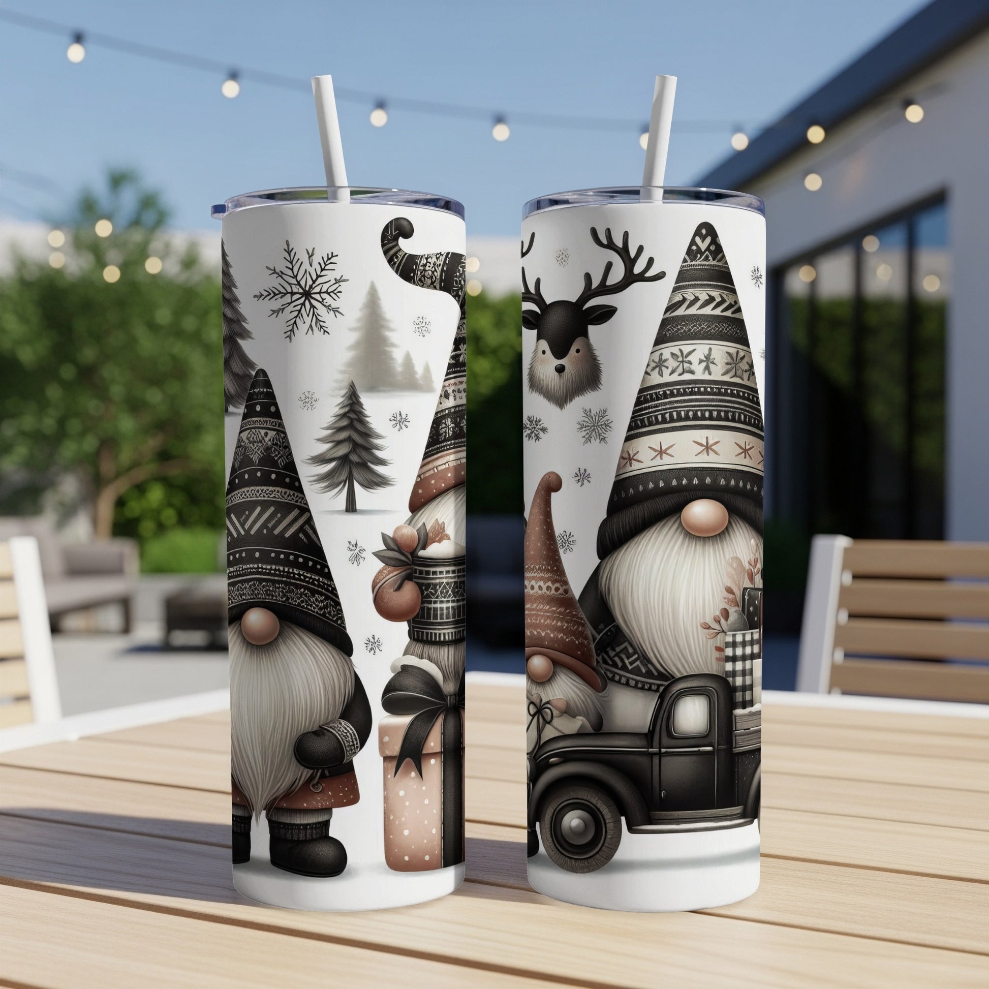 Two Gnomes with gift and truck on a tumbler with snowflake and deer design.