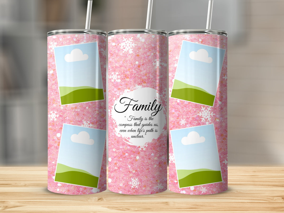 Pink glitter tumbler with snowflake pattern, framed photos, and "Family" quote.