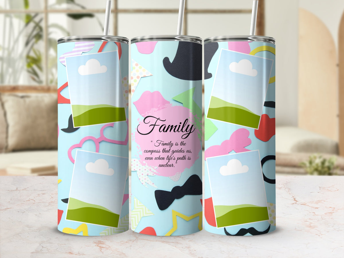 Three tumblers with a light blue background, decorated with photo frames, hearts, and the text "Family is the compass that guides us."