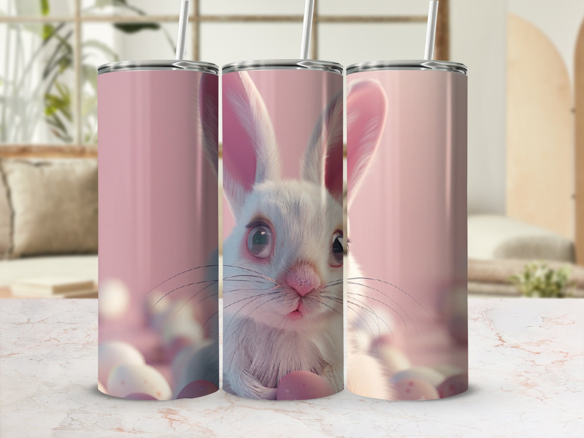 White bunny on a pink background with faux eggs and straws.