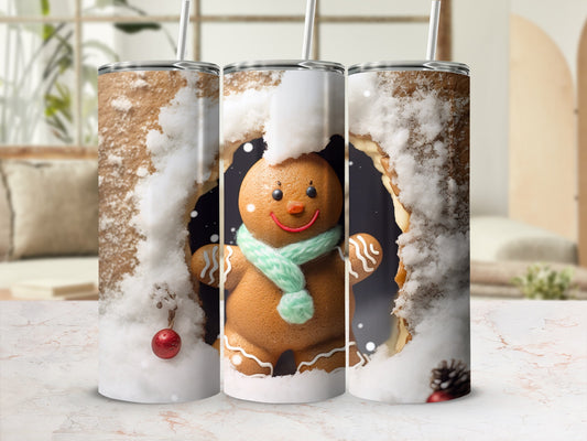 Festive Gingerbread Man in Snow Scene Tumbler Design