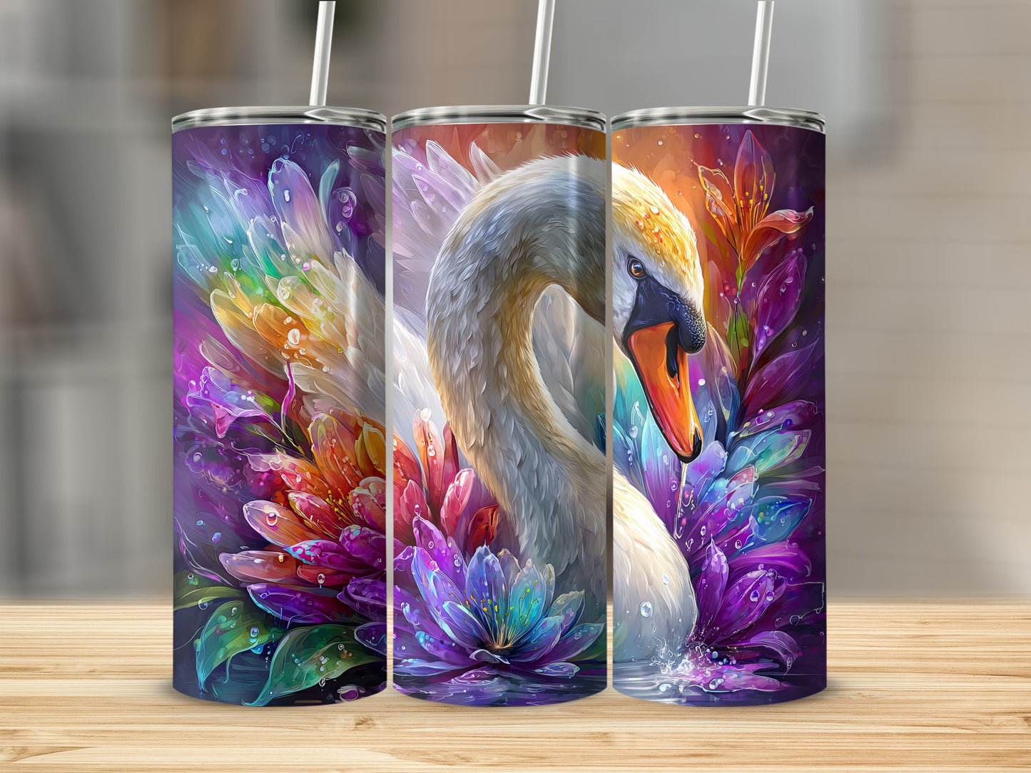 Vibrant Colorful Swan and Flower Design Tumbler
