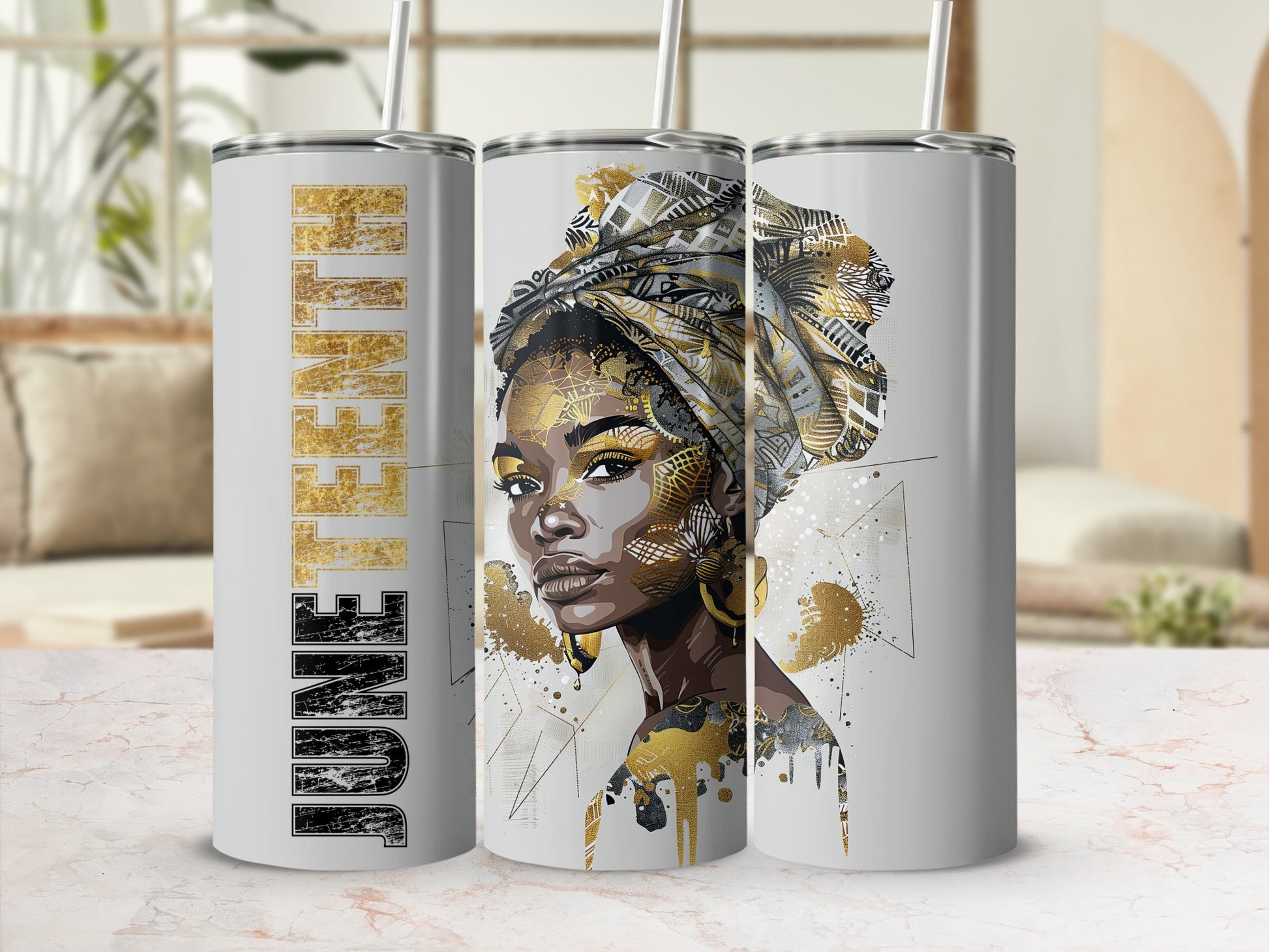 Tumbler with portrait of woman in gold headwrap, "June" text visible.