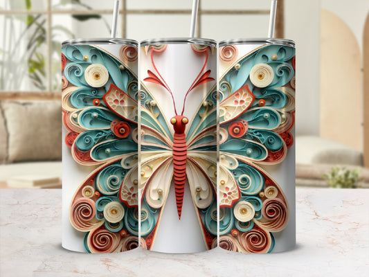 Three tumblers with a butterfly design on a white background.
