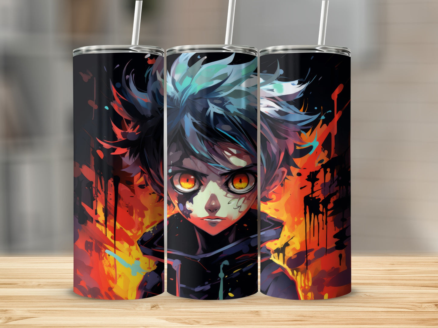 Anime character tumbler with fiery abstract art and a straw.