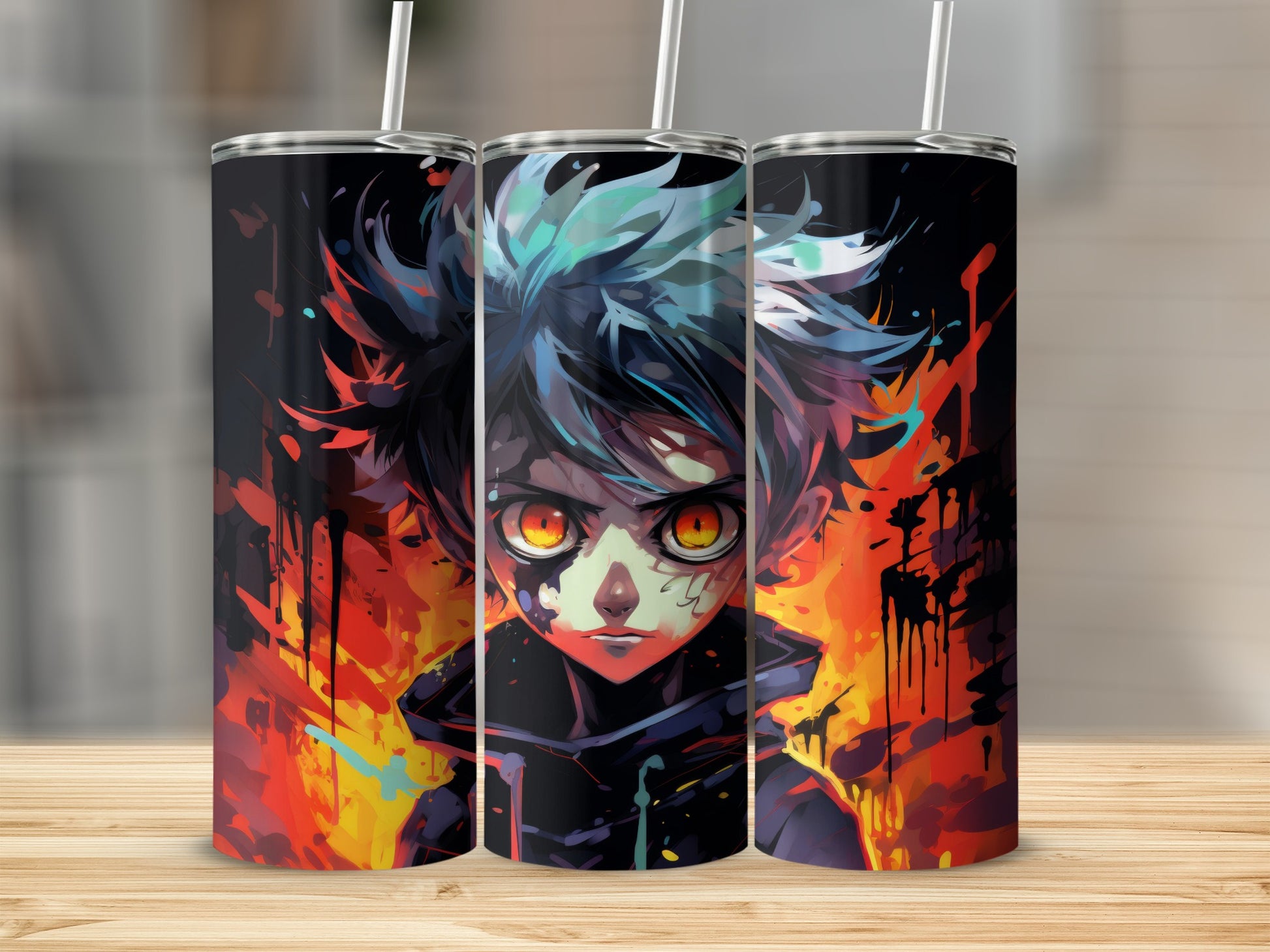 Anime character tumbler with fiery abstract art and a straw.