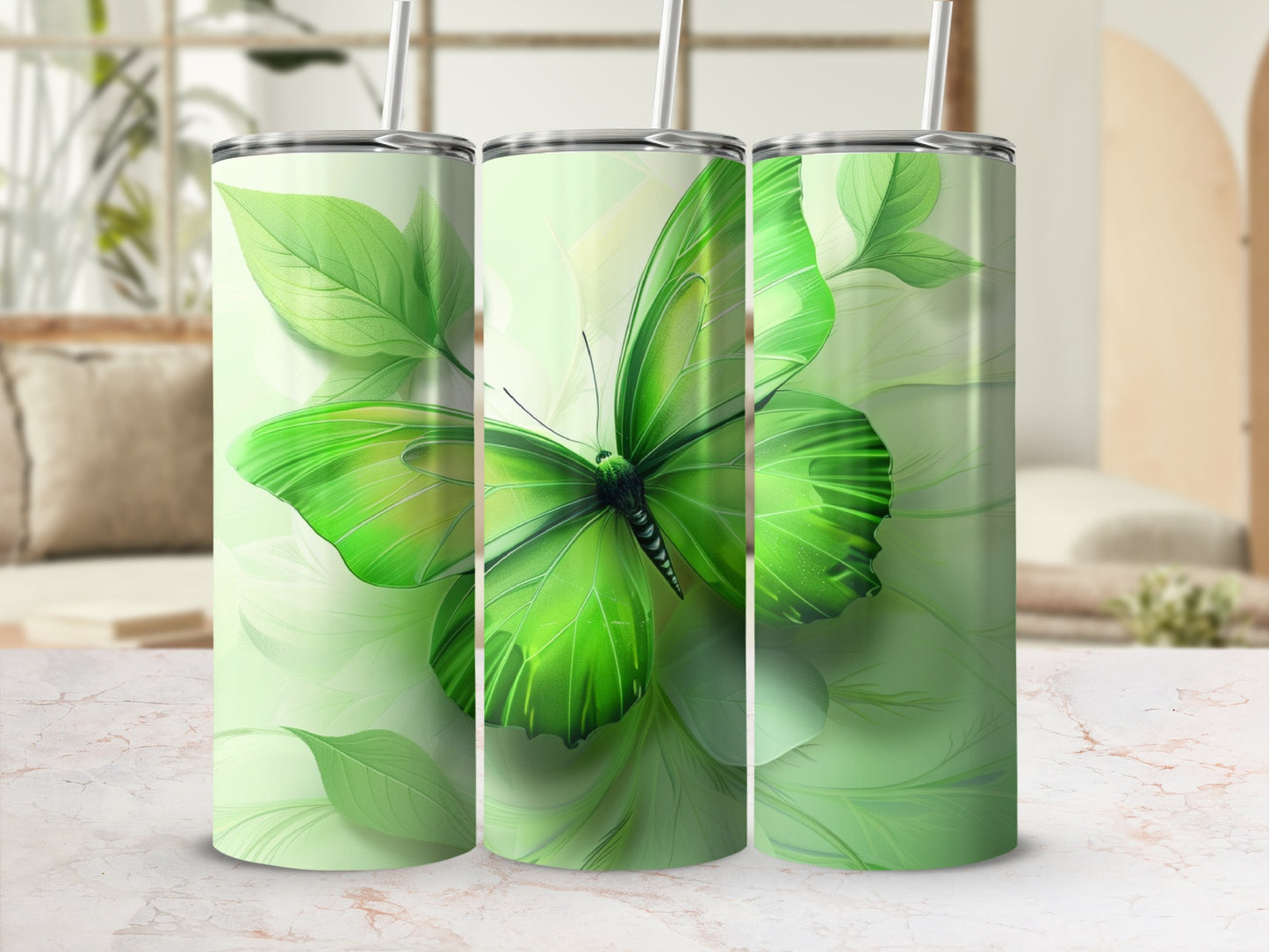Green butterfly with leaves on a white and green tumbler design.