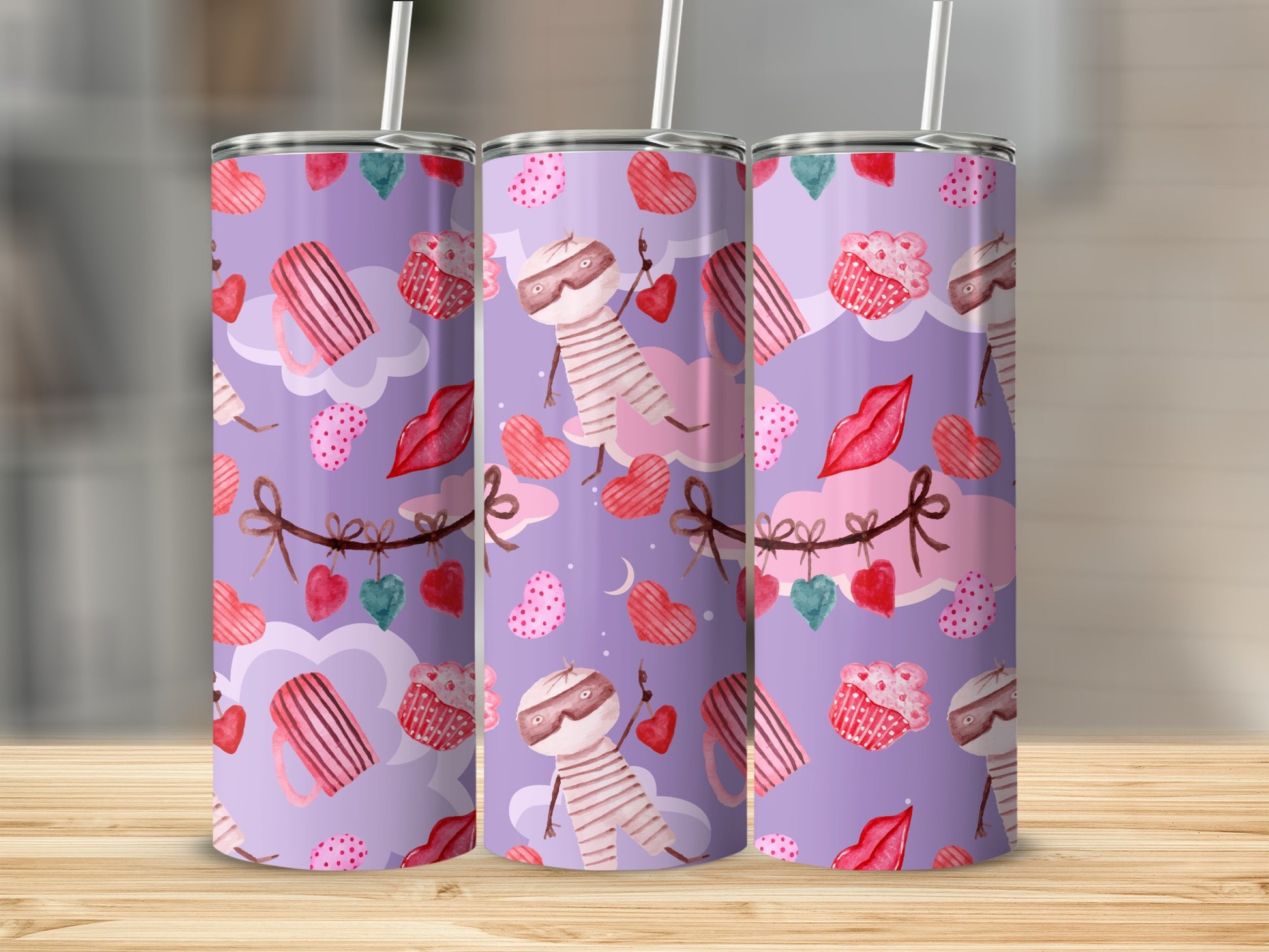 Cute Valentine's Day Themed Tumblers with Hearts and Cats