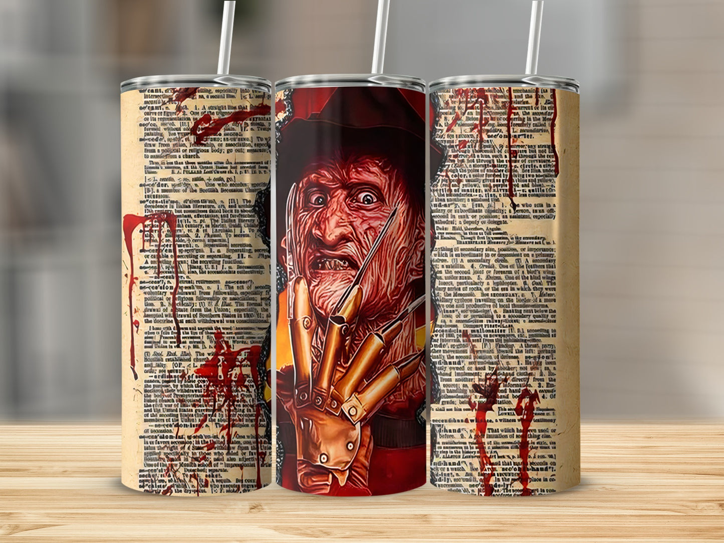 Three tumblers featuring Freddy Krueger's face and clawed glove on a text background.