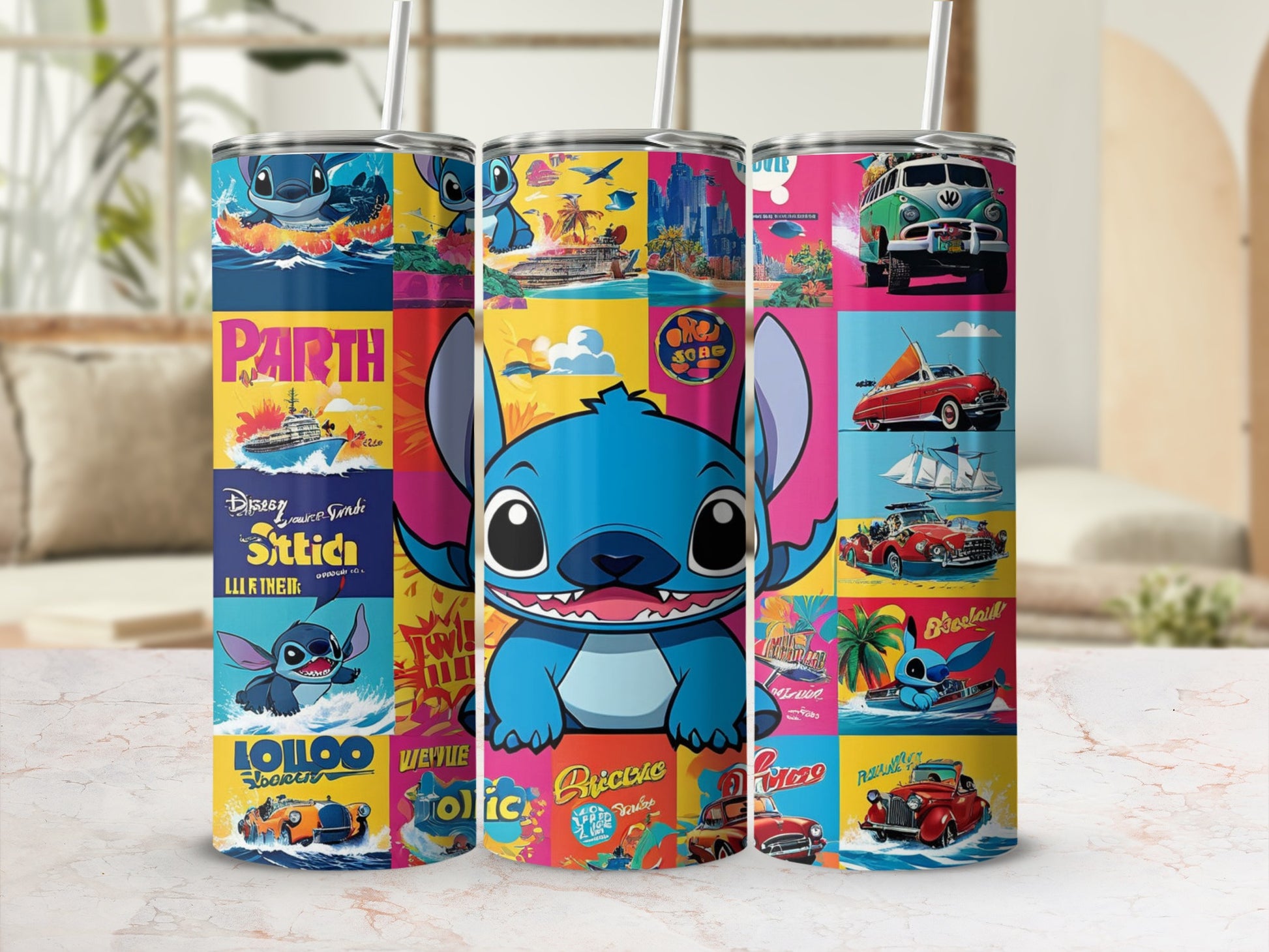 Stitch character on three colorful travel-themed tumblers.