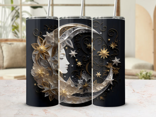 Three tumblers featuring a celestial moon and star design.