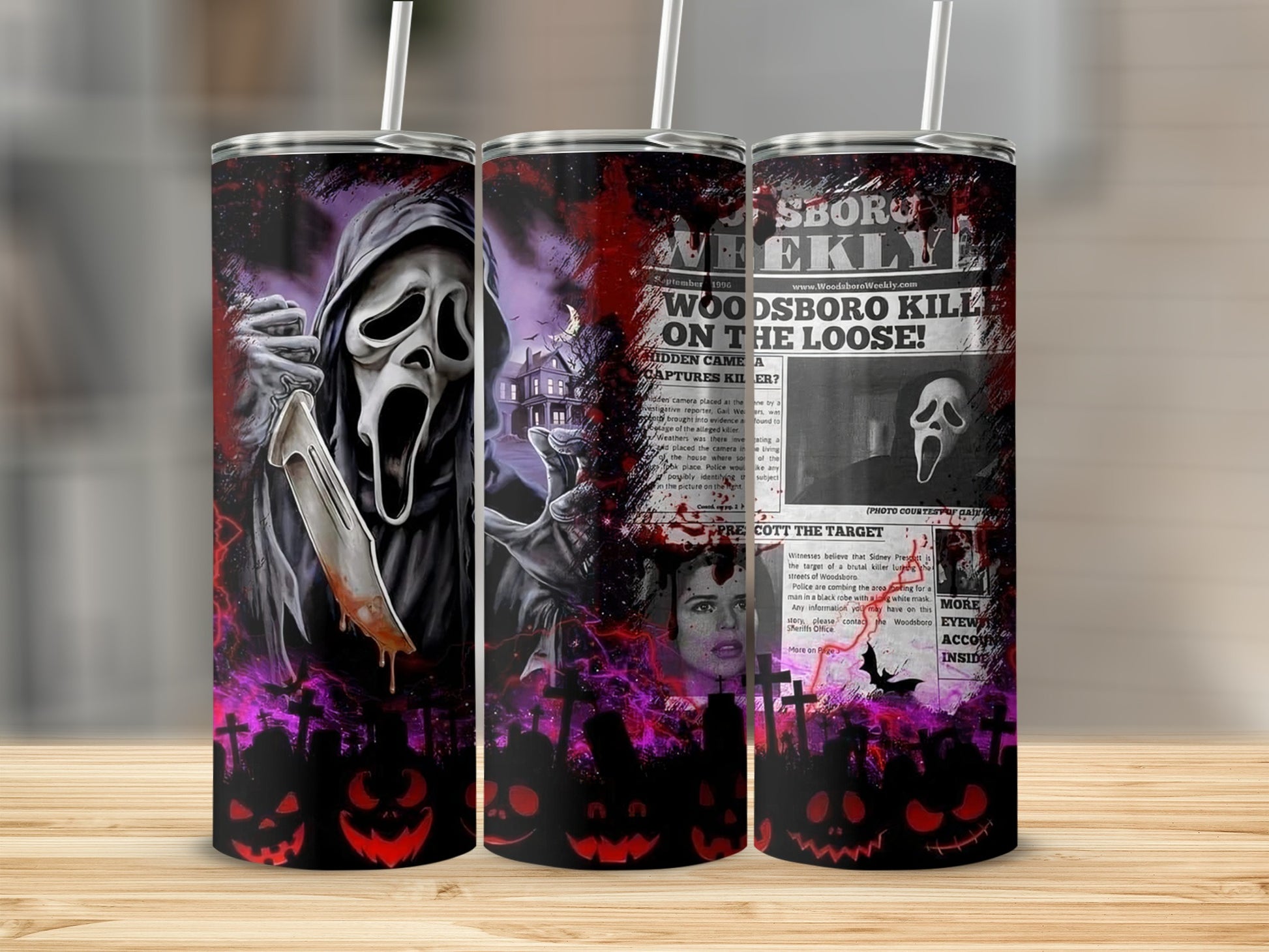 Scream mask, knife, newspaper headlines, and Halloween figures on a tumbler.