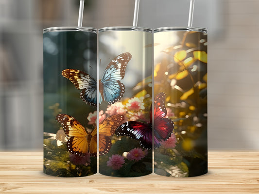 Three tumblers with butterfly designs on a wooden surface.