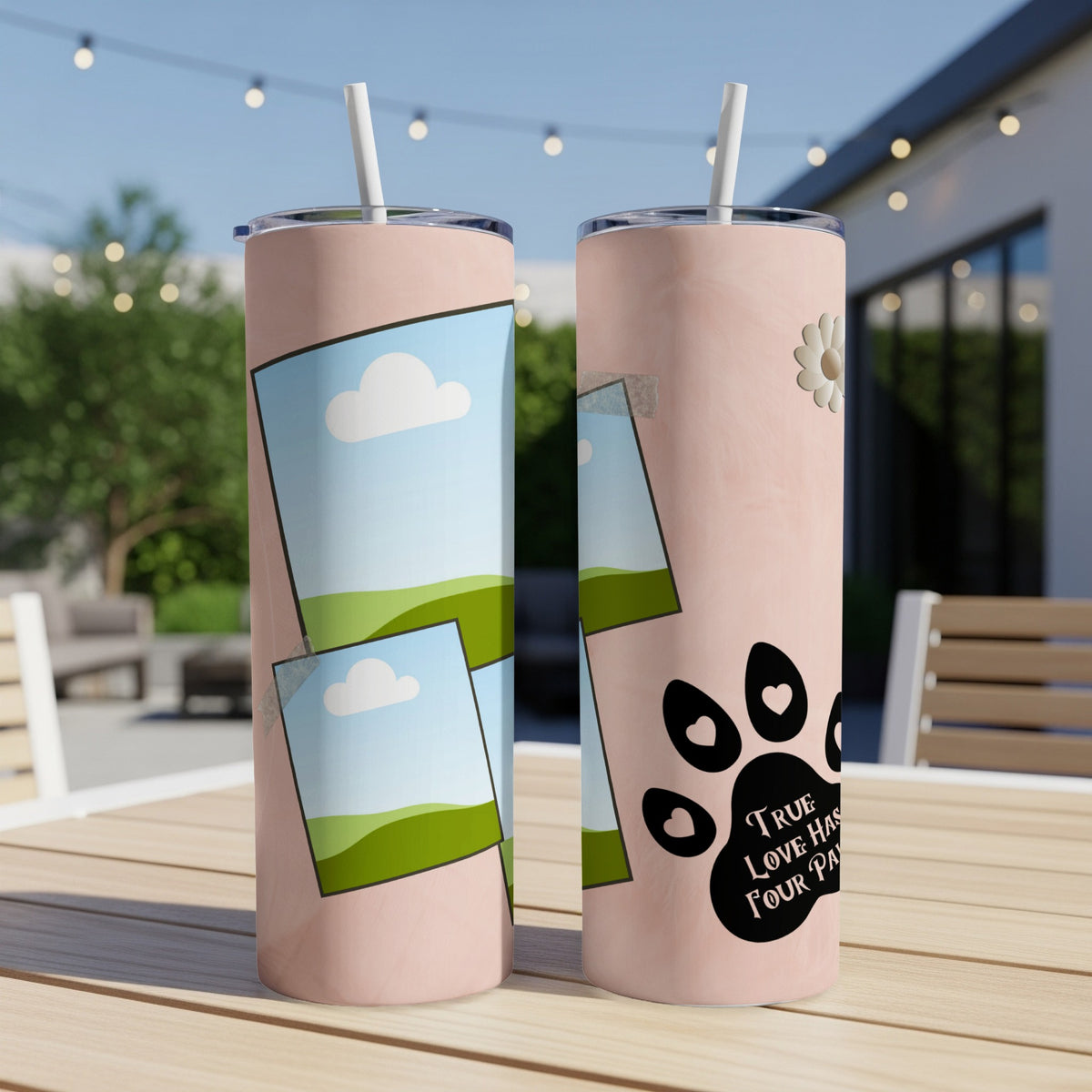 Two pink tumblers with straw, one with photos and one with a paw print and text.