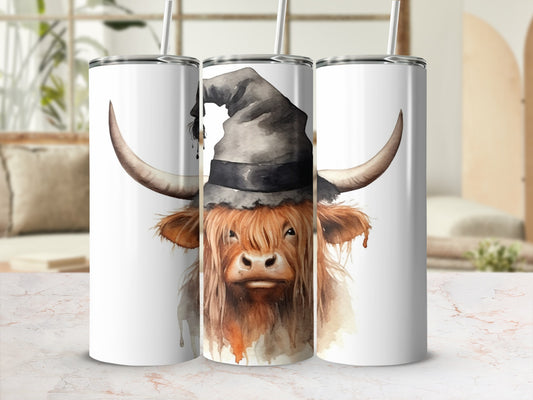 Highland cow with witch hat, watercolor style, on three tumblers.