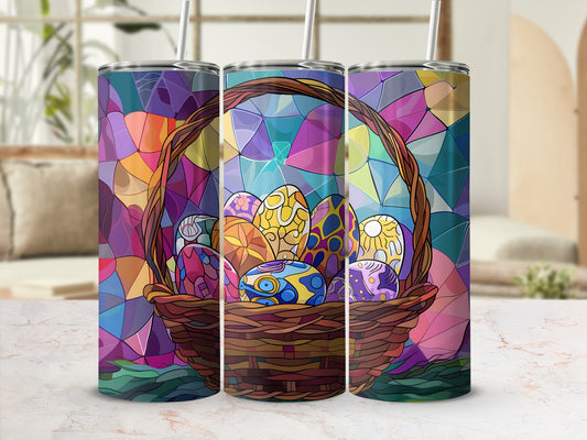 Woven Easter basket filled with colorful, stained-glass style eggs.
