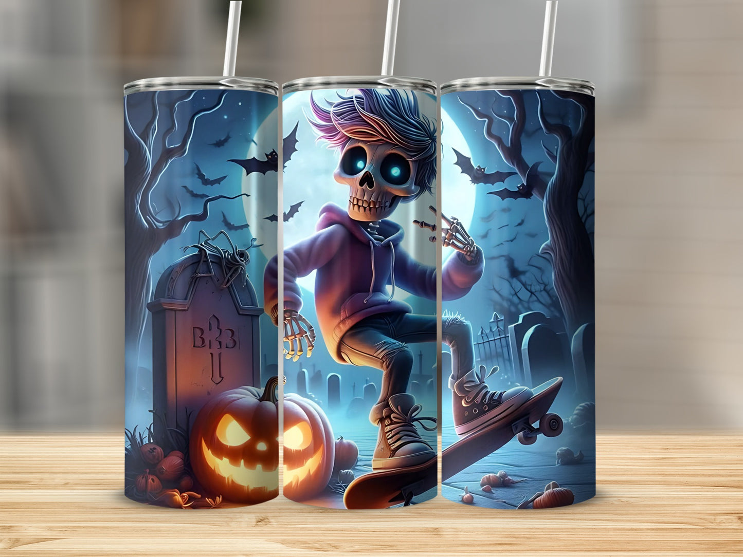 Skeleton skateboarding in a graveyard with pumpkins, bats, and a full moon.