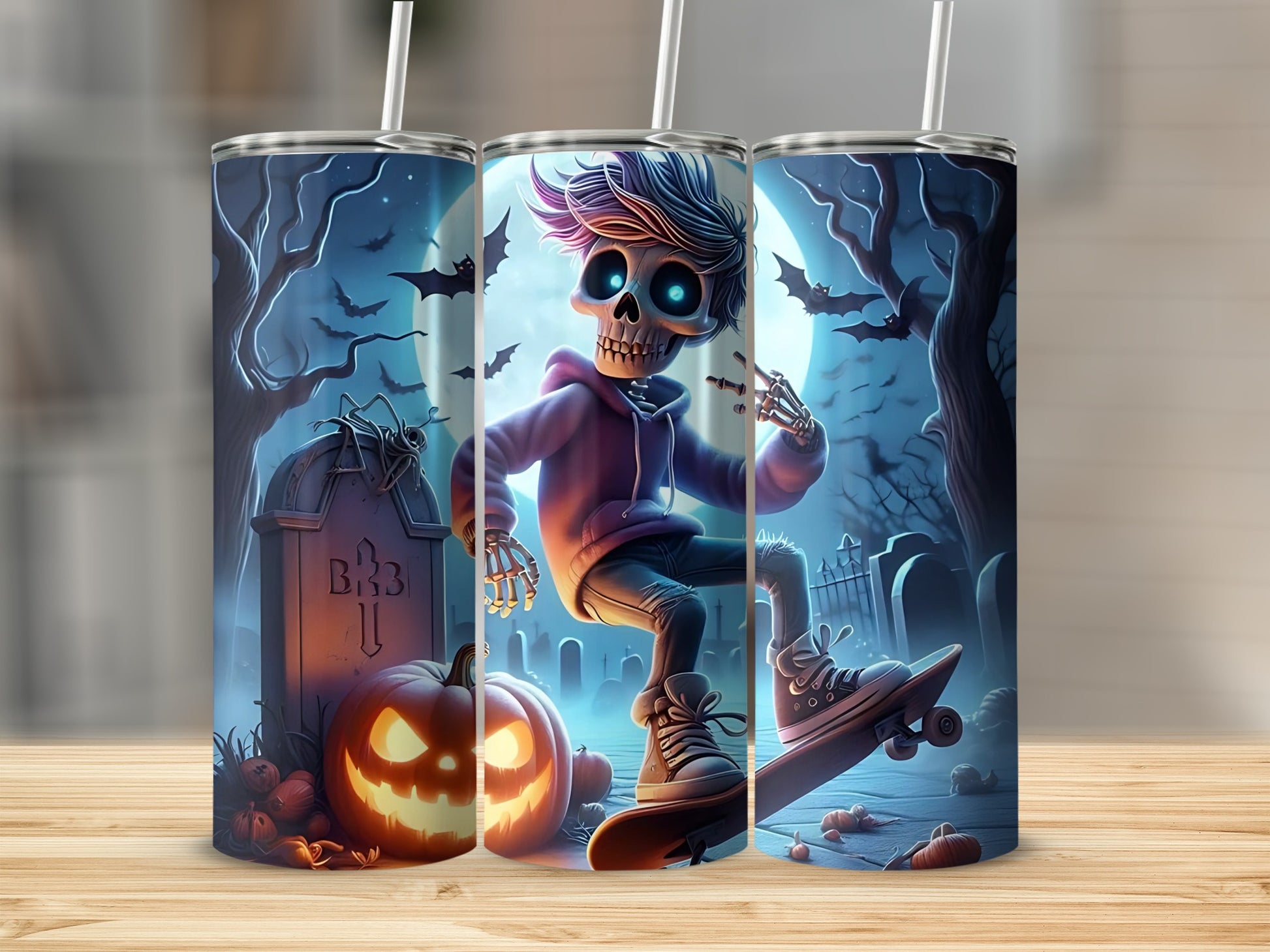 Skeleton skateboarding in a graveyard with pumpkins, bats, and a full moon.