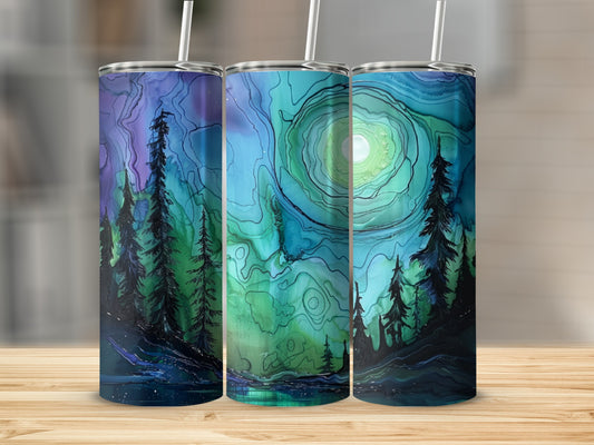 Three tumblers displaying a swirling, colorful aurora over a dark forest landscape.