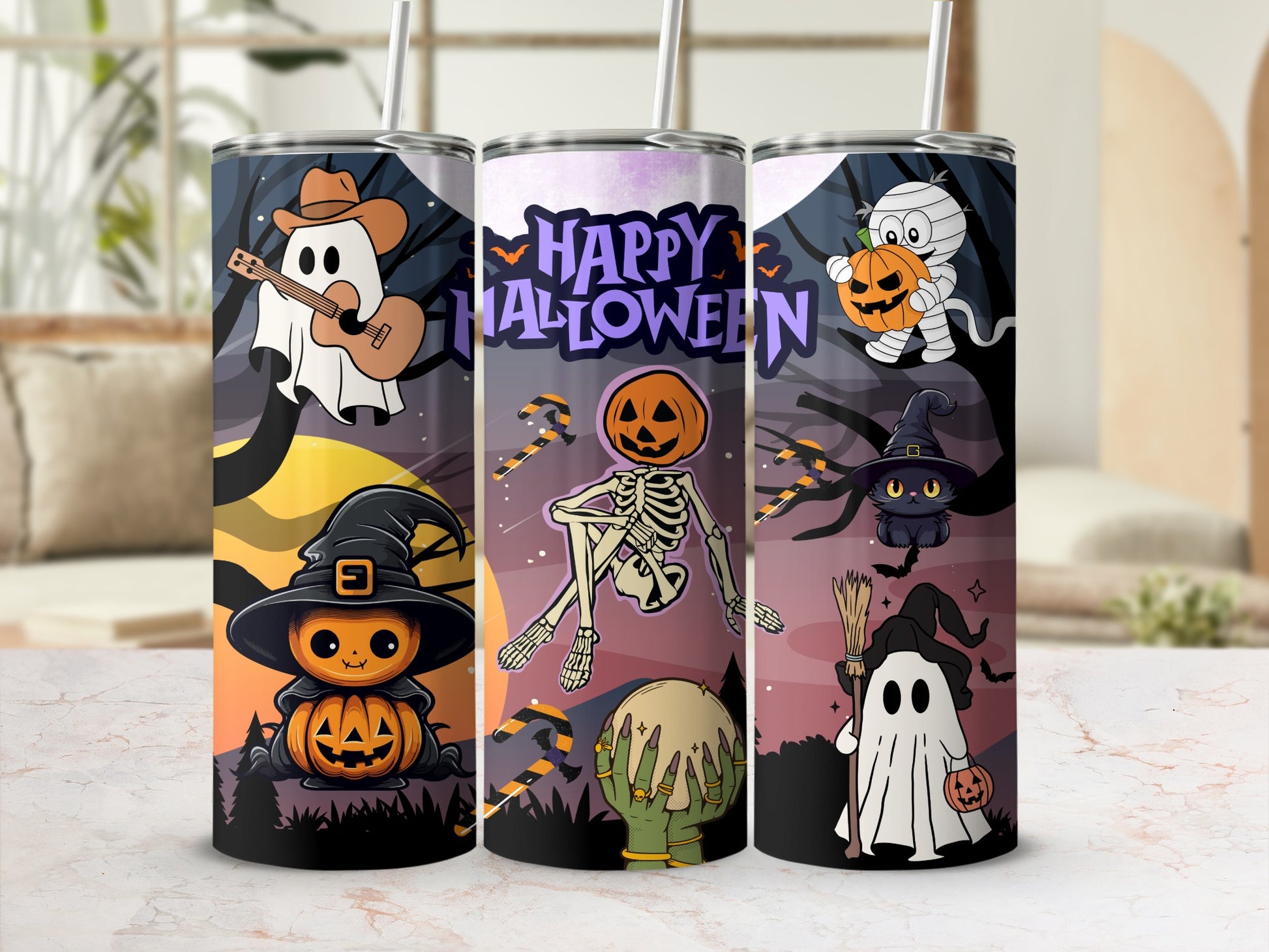 Halloween themed tumblers featuring a cowboy ghost, skeleton, and mummy with pumpkins.